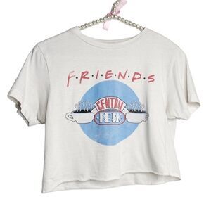 Friends Central Perk Raw Edge Short Sleeve Crop Top White & Blue XS